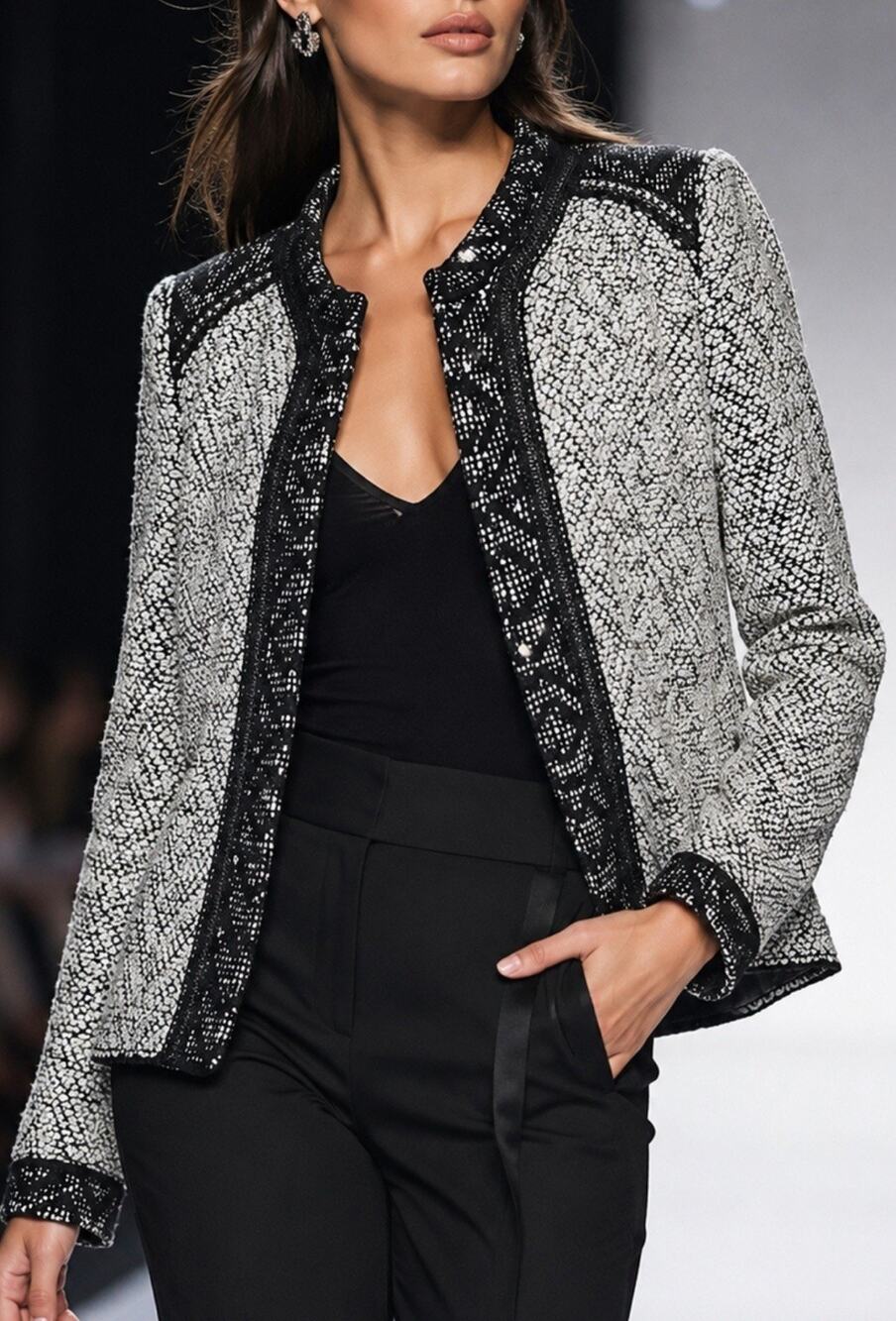 Chico’s Womens Size 2 XS Black White Metallic Knit Jacket Lace Trim Cardigan Top